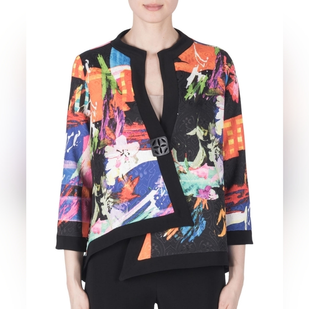 Joseph Ribkoff Asymmetrical 3/4 Sleeve Multi-Color Vibrant Jacquard Blazer